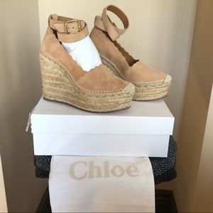 Chloe Suede Scalloped Platform Wedges Sz 37